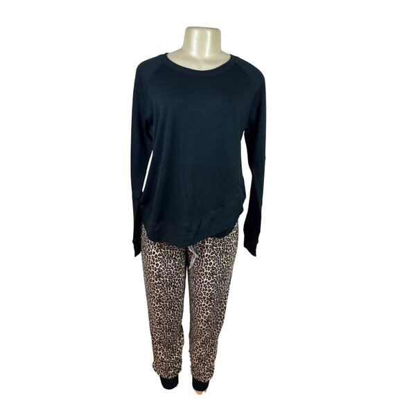 Muk Luks Women Black Long Sleeve Top & Leopard Print Pants Pajama Set Sz M - New - Picture 1 of 12